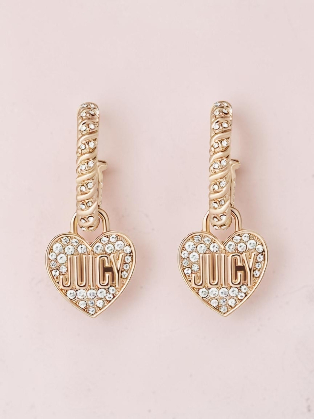 NEW Juicy Couture Gold Tone Charm Womens Crystal Heart Hoop Earrings 1.44 Inch